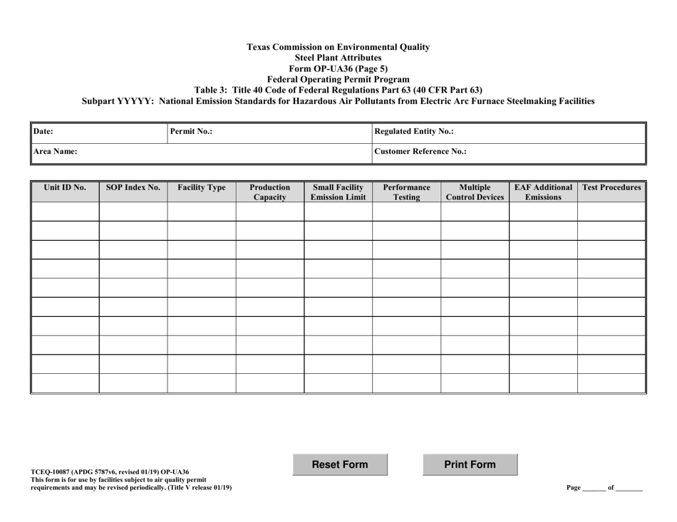 Form TCEQ-10087 (OP-UA36) Steel Plant Unit Attributes - Texas, Page 12