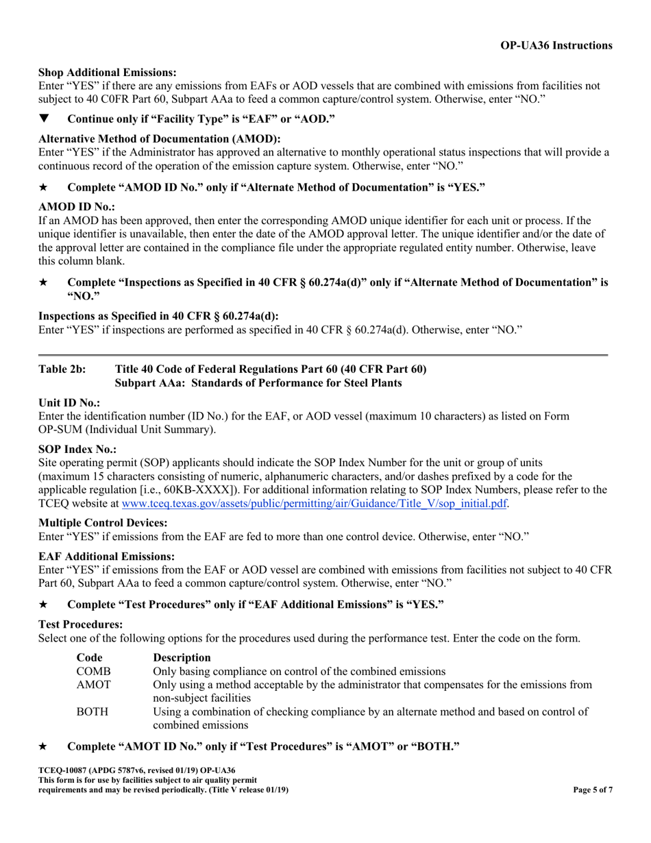 Form TCEQ-10087 (OP-UA36) Steel Plant Unit Attributes - Texas, Page 5