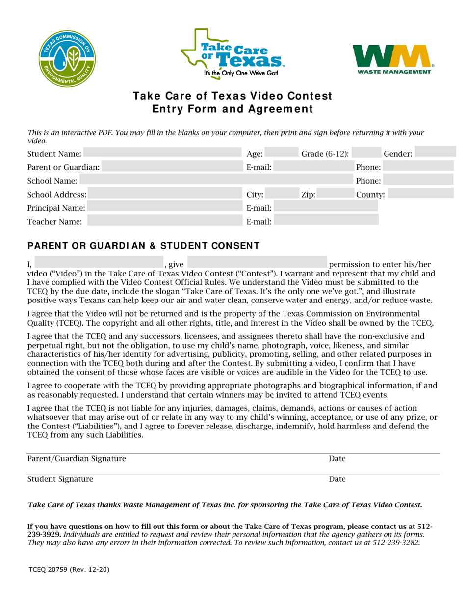 Form TCEQ-20759 Take Care of Texas Video Contest Entry Form and Agreement - Texas, Page 1