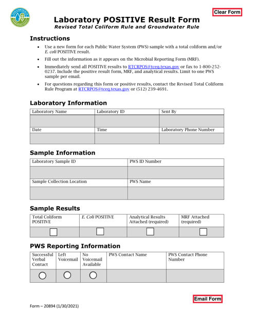 Form TCEQ-20894 Laboratory Positive Result Form - Texas