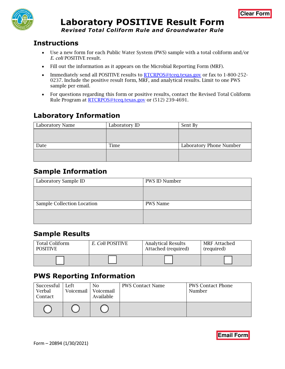 Form TCEQ-20894 Laboratory Positive Result Form - Texas, Page 1