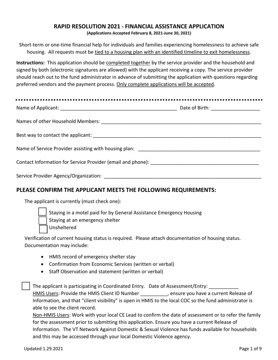 Rapid Resolution - Financial Assistance Application - Vermont, Page 1