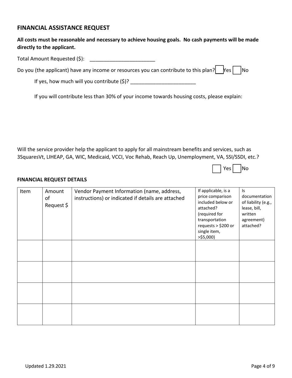 Rapid Resolution - Financial Assistance Application - Vermont, Page 4