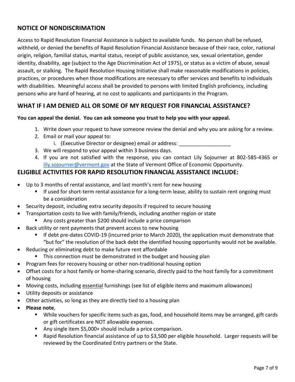 Rapid Resolution - Financial Assistance Application - Vermont, Page 7