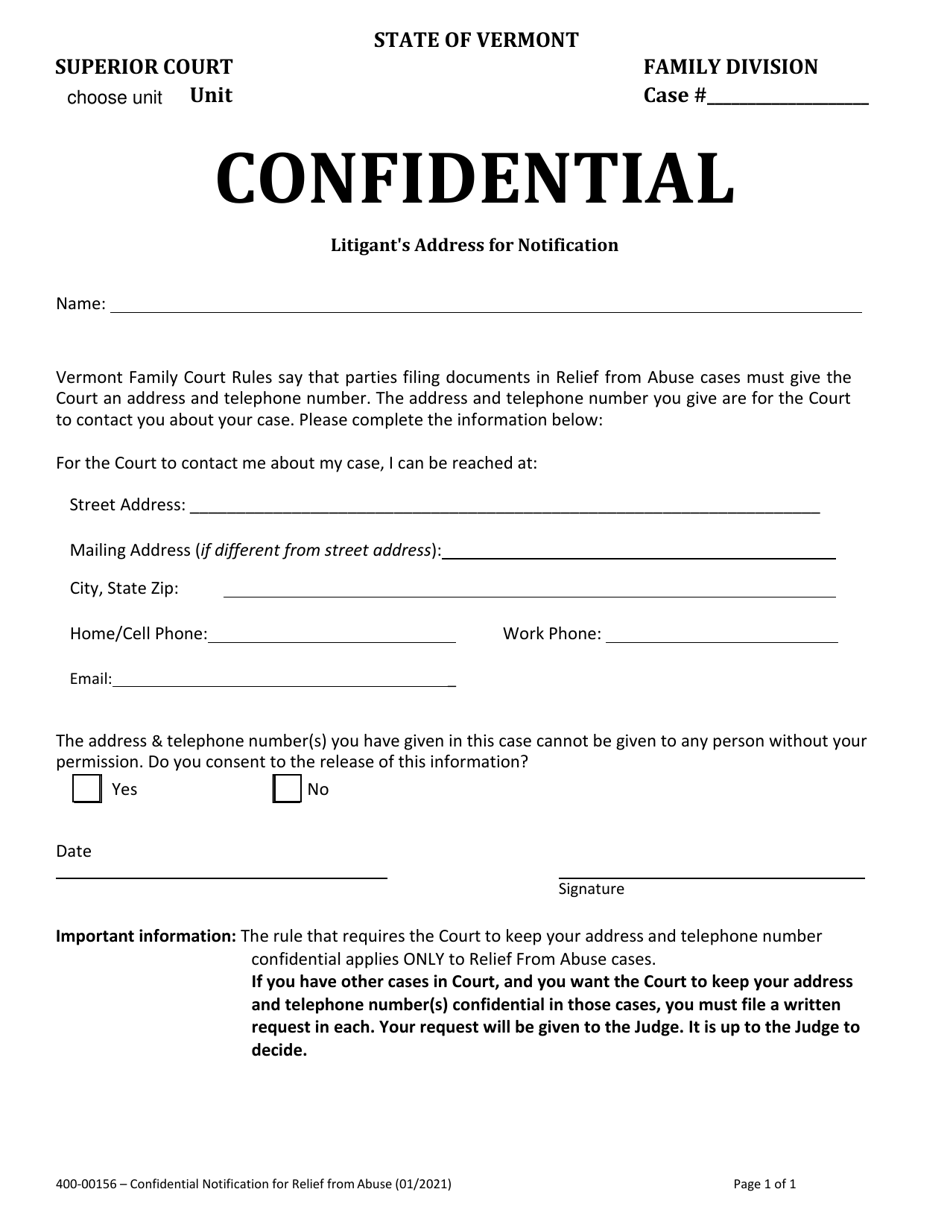 Form 400-00156 Confidential Notification for Relief From Abuse - Vermont, Page 1