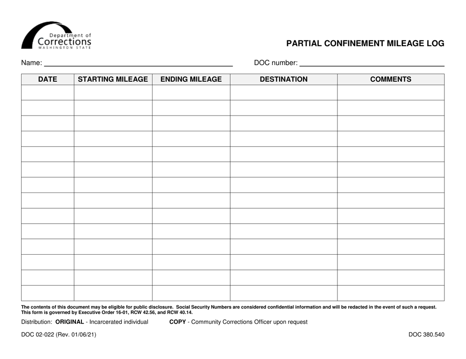 Form DOC02-022 Partial Confinement Mileage Log - Washington, Page 1