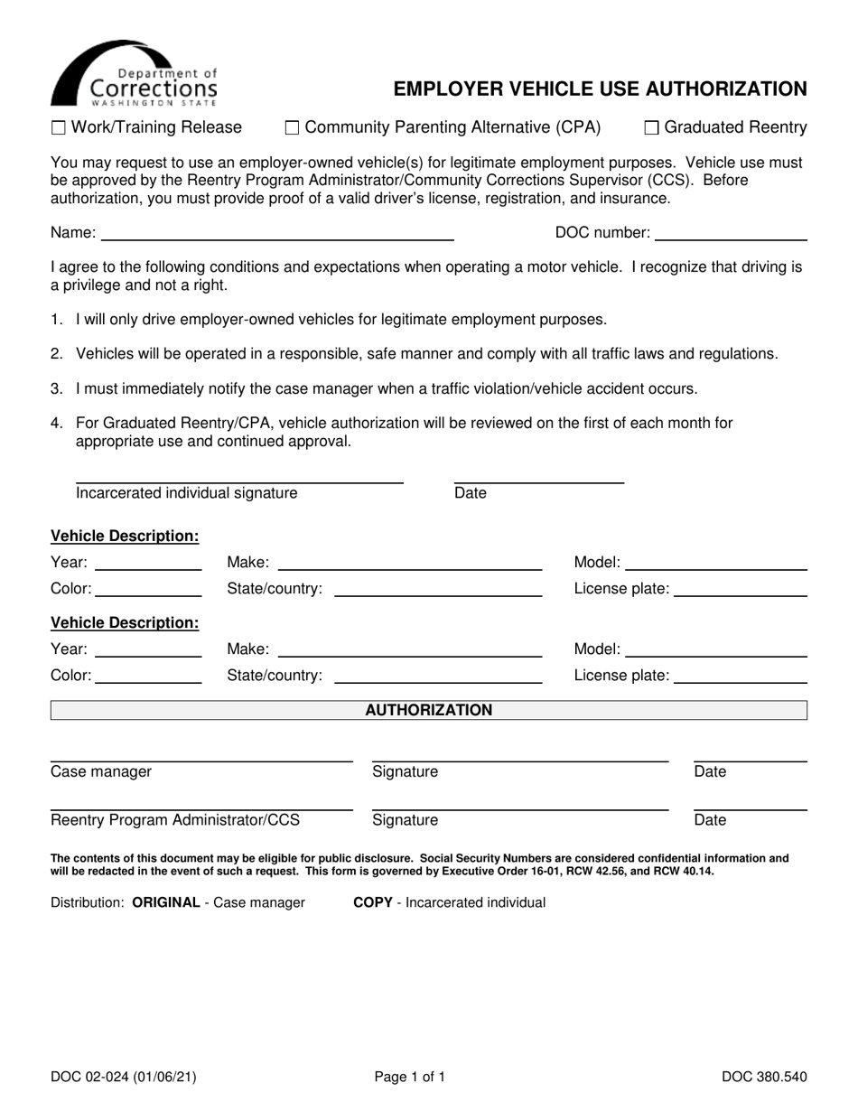 Form DOC02-024 Employer Vehicle Use Authorization - Washington, Page 1