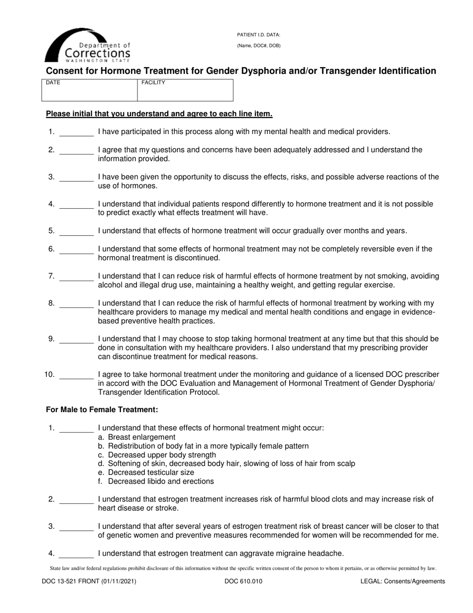 Form DOC13-521 Consent for Hormone Treatment for Gender Dysphoria and / or Transgender Identification - Washington, Page 1