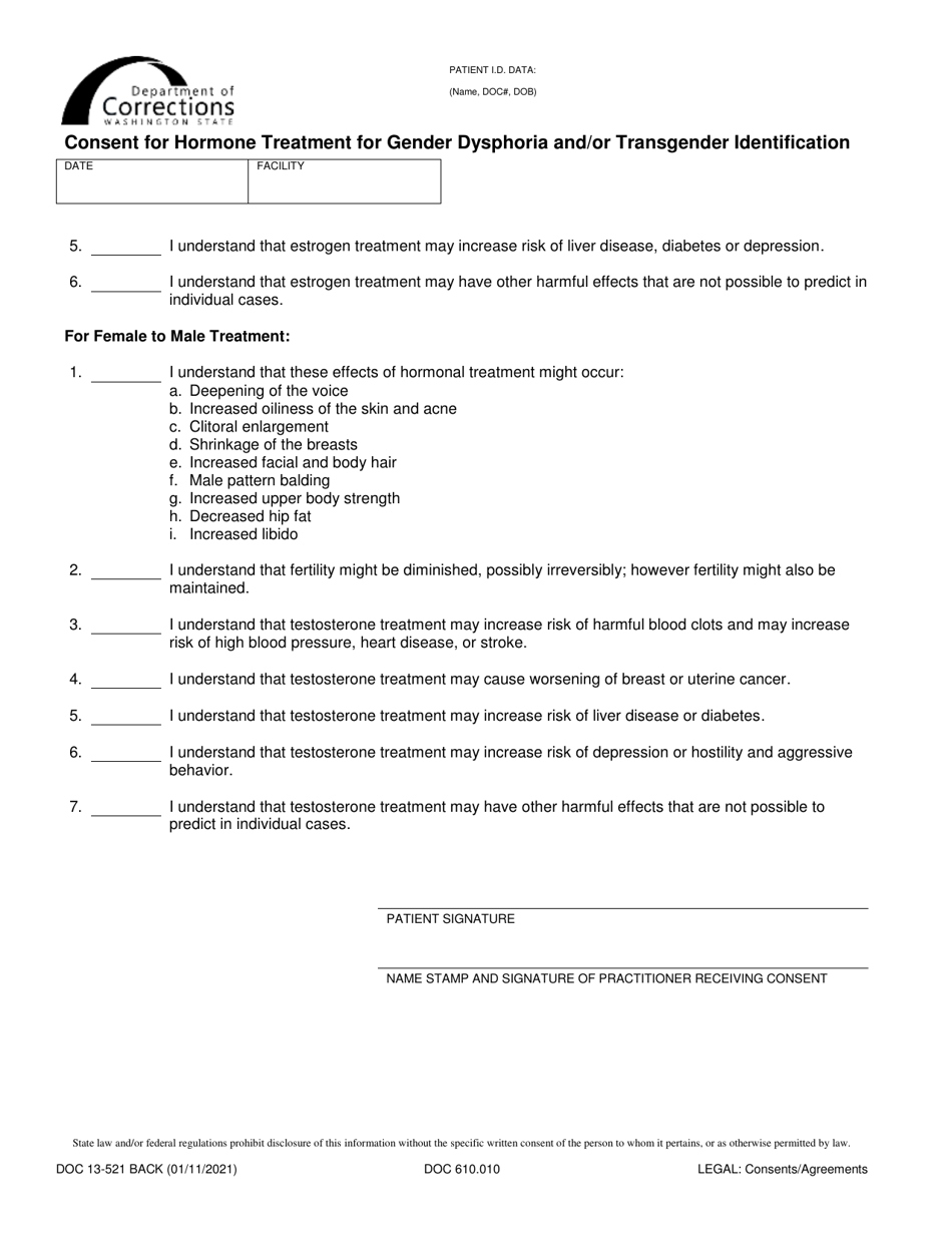 Form DOC13-521 Consent for Hormone Treatment for Gender Dysphoria and / or Transgender Identification - Washington, Page 2