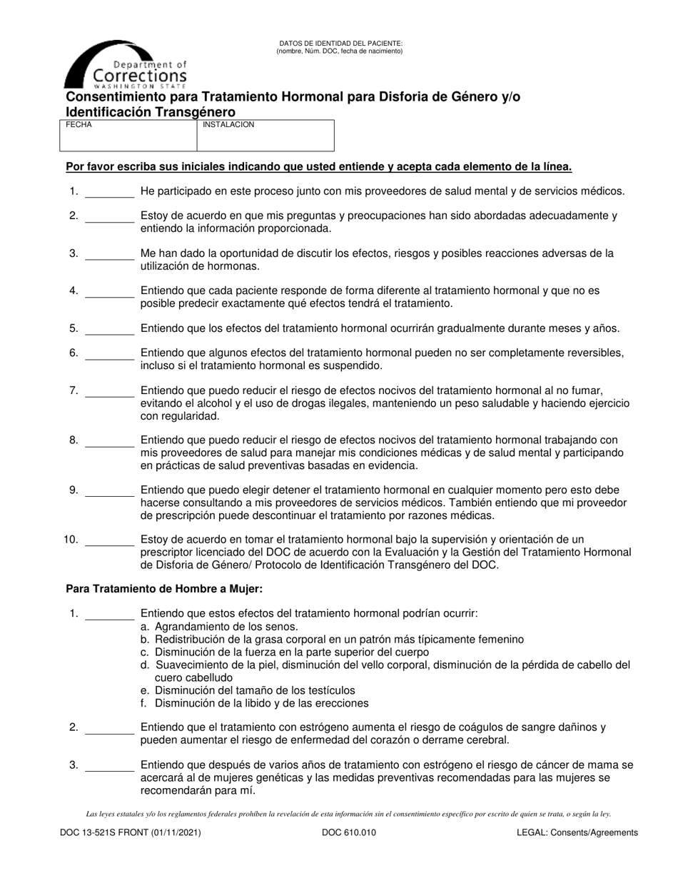 Formulario DOC13-521S Consentimiento Para Tratamiento Hormonal Para Disforia De Genero Y / O Identificacion Transgenero - Washington (Spanish), Page 1