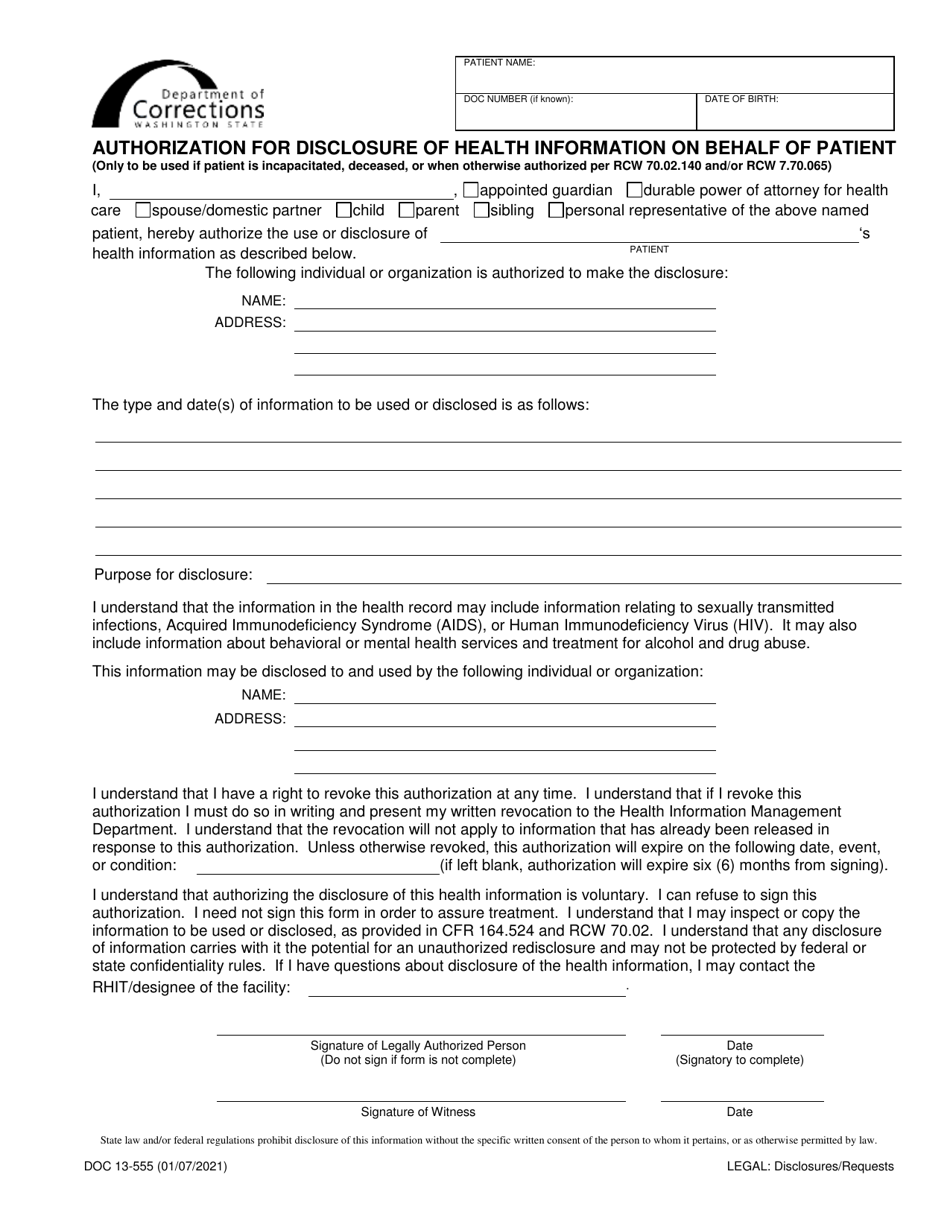 Form DOC13-555 Authorization for Disclosure of Health Information on Behalf of Patient - Washington, Page 1