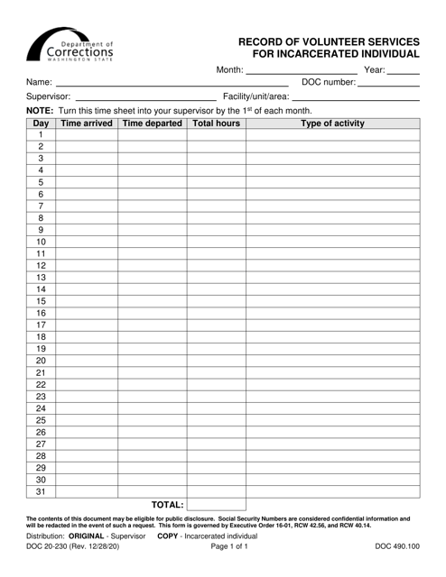 Form DOC20-230 Record of Volunteer Services for Incarcerated Individual - Washington