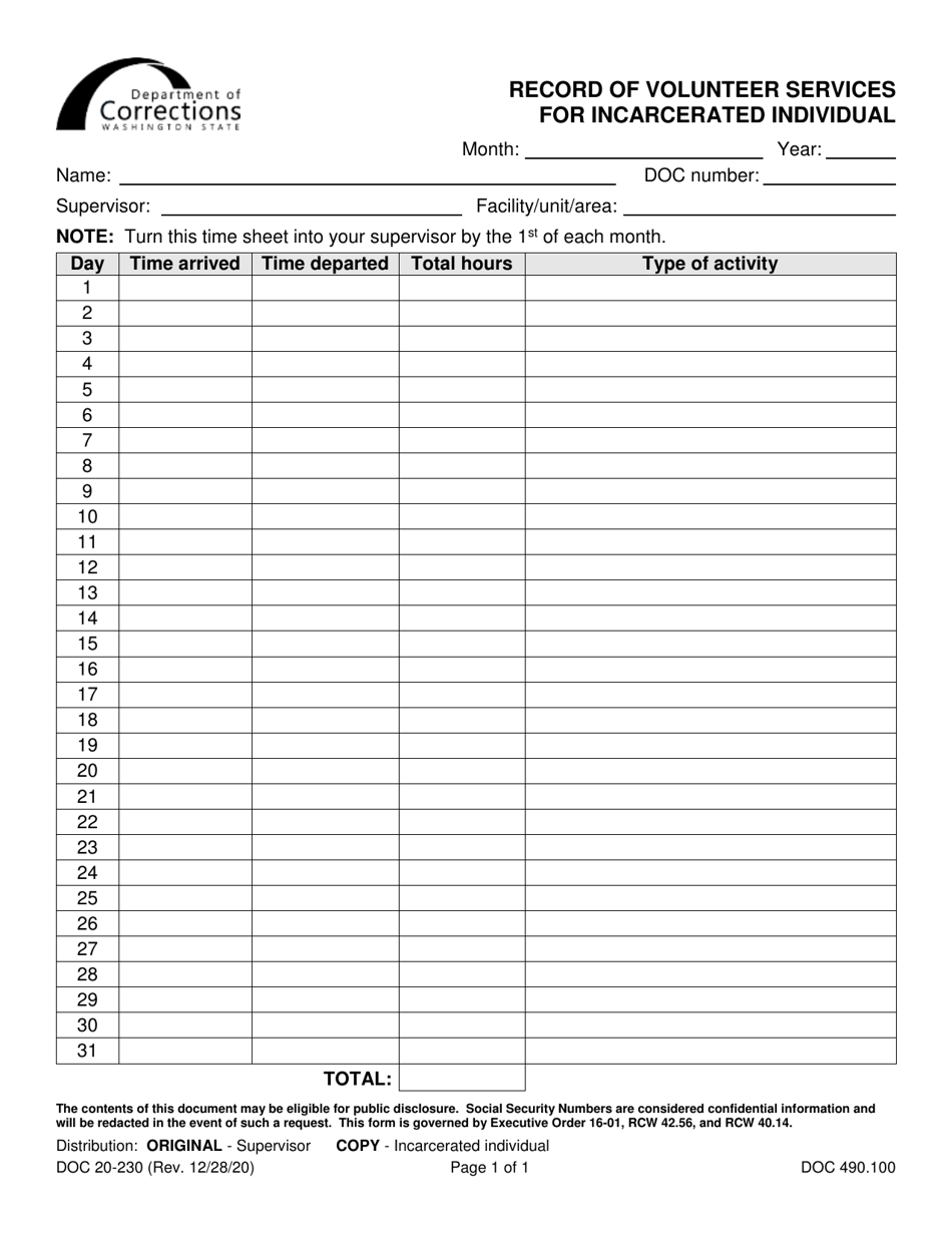 Form DOC20-230 Record of Volunteer Services for Incarcerated Individual - Washington, Page 1