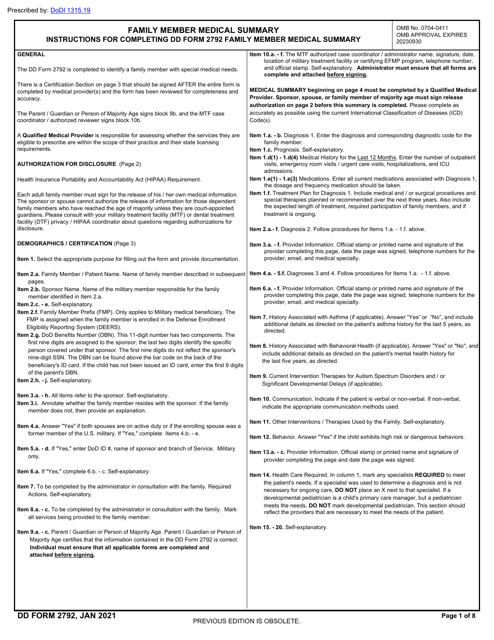DD Form 2792 Family Member Medical Summary