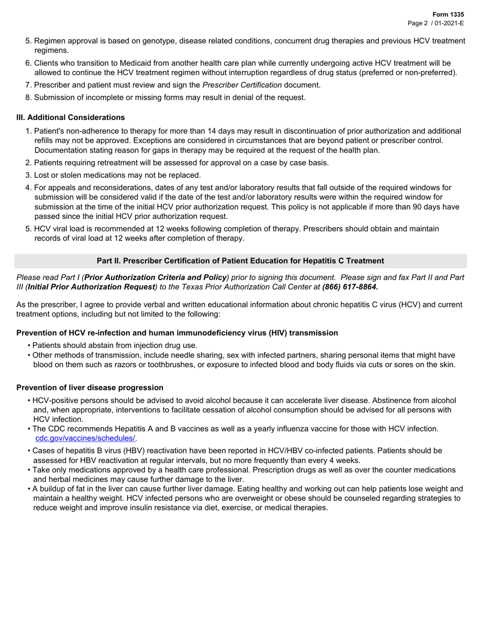 Form 1335 Antiviral Agents for Hepatitis C Virus Initial Authorization Request (Medicaid) - Texas, Page 2