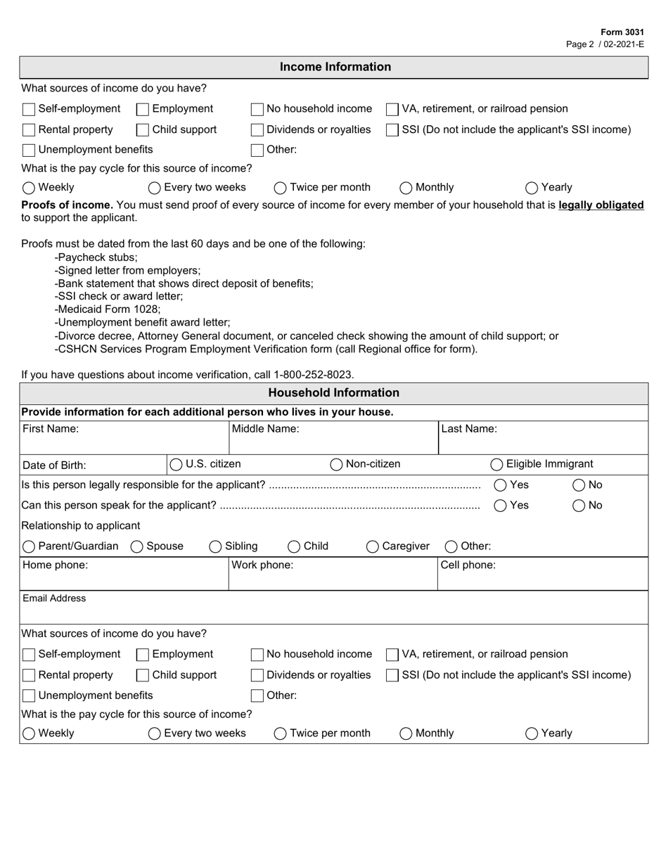 Form 3031 Children With Special Health Care Needs (Cshcn) Program Application - Texas, Page 2