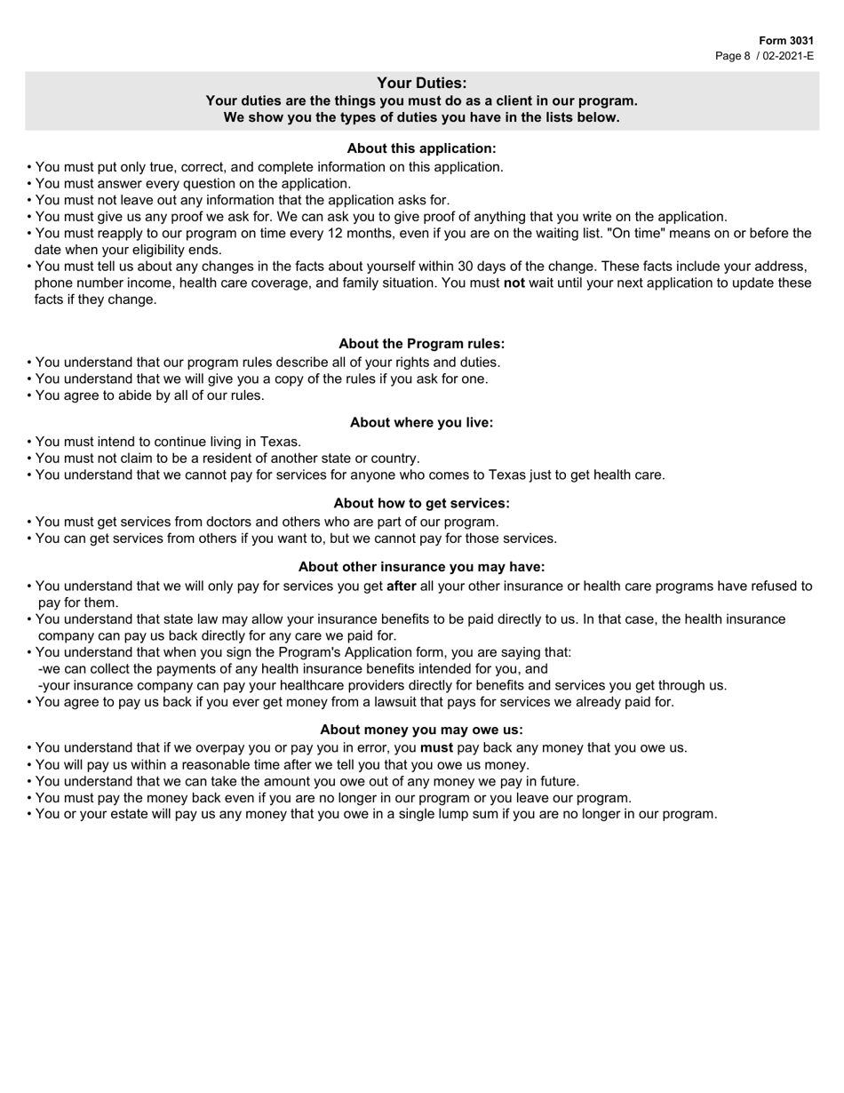 Form 3031 Children With Special Health Care Needs (Cshcn) Program Application - Texas, Page 8