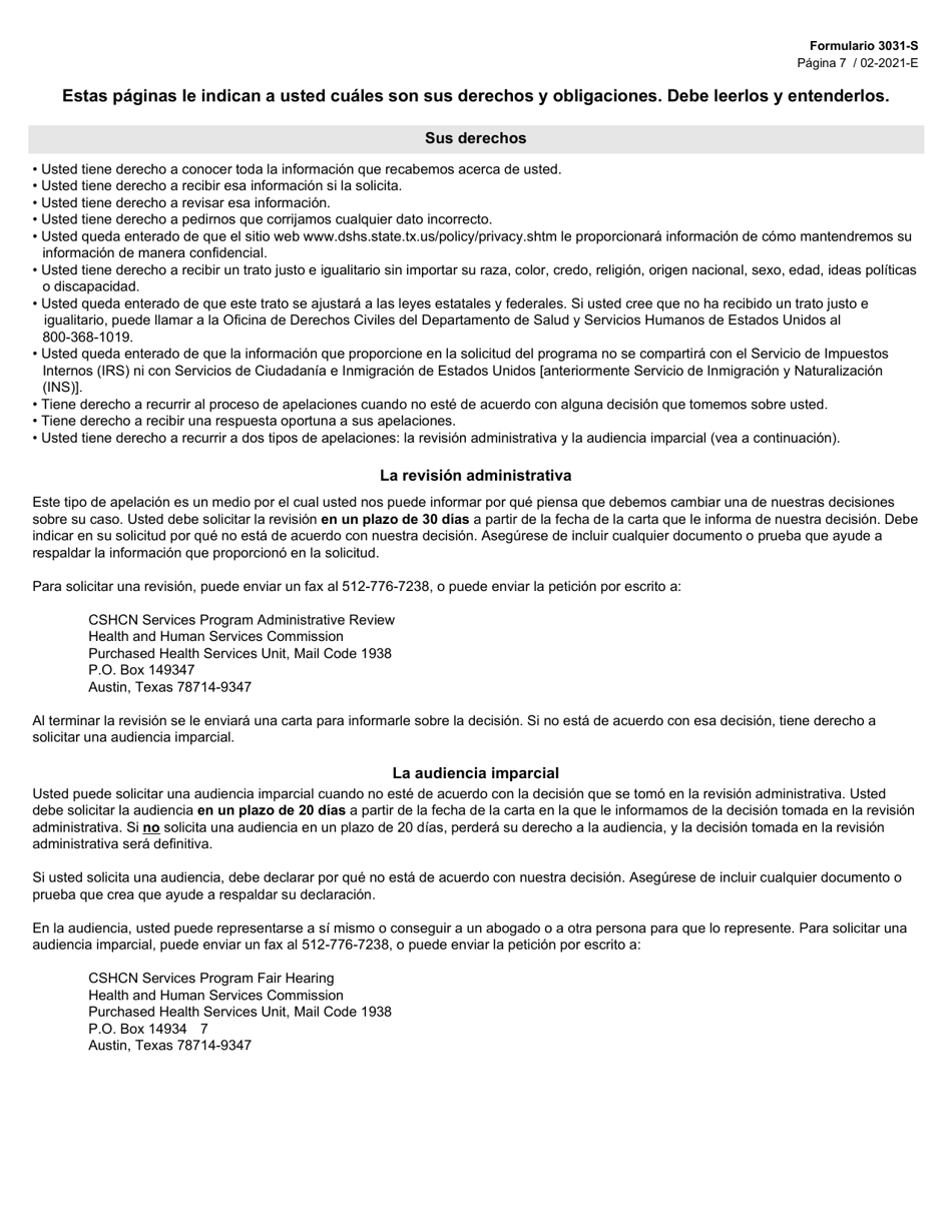 Formulario 3031-S Solicitud De Beneficios Del Programa Para Ninos Con Necesidades Medicas Especiales (Cshcn) - Texas (Spanish), Page 7