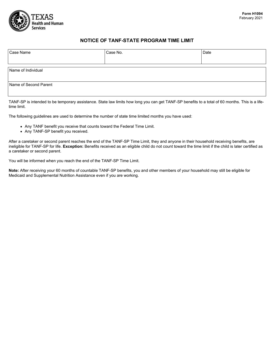 Form H1094 Notice of TANF-State Program Time Limit - Texas, Page 1