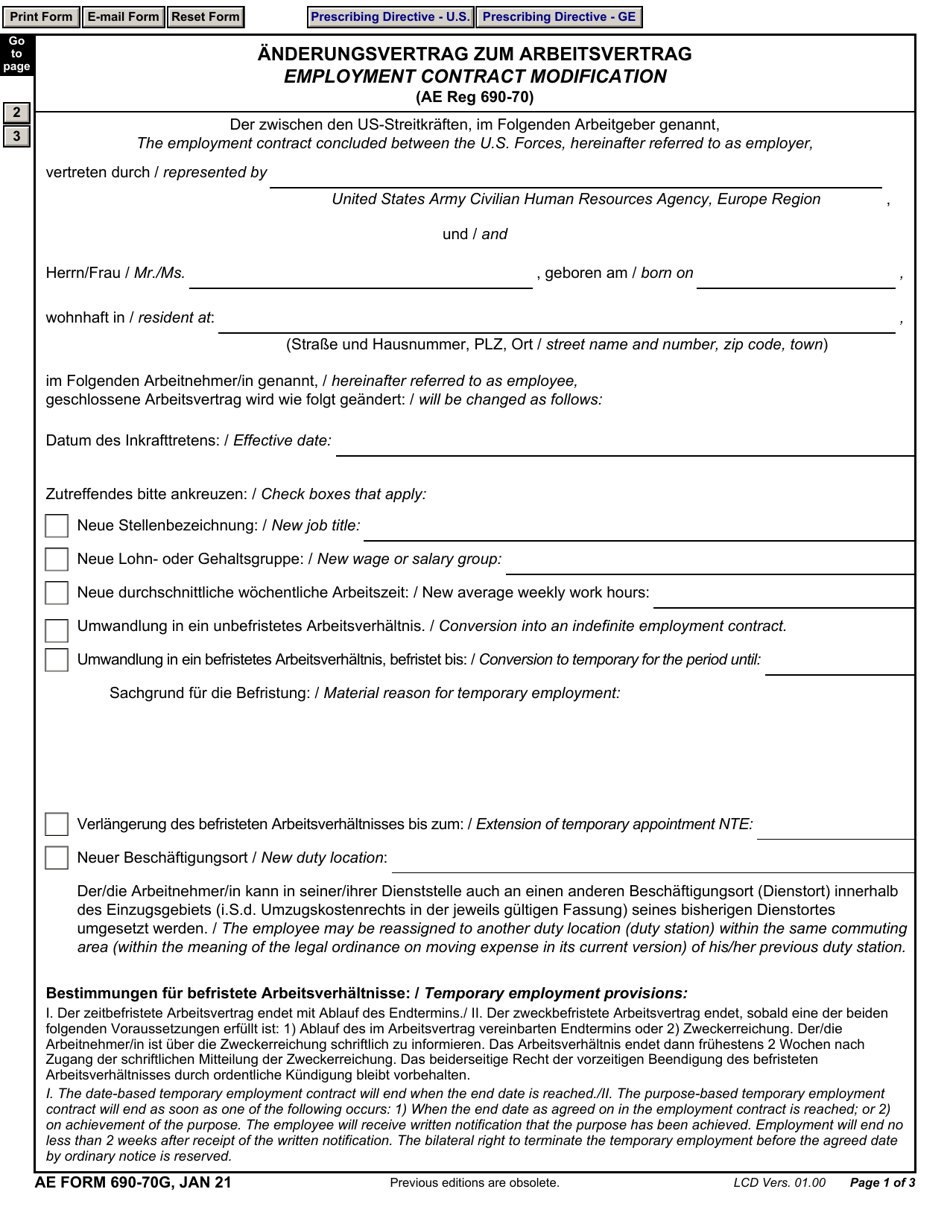 AE Form 690-70G Employment Contract Modification (English / German), Page 1