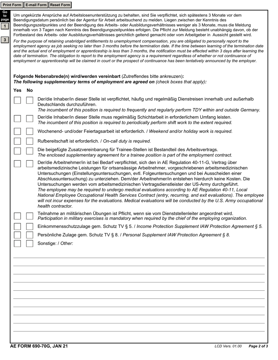 AE Form 690-70G Employment Contract Modification (English / German), Page 2