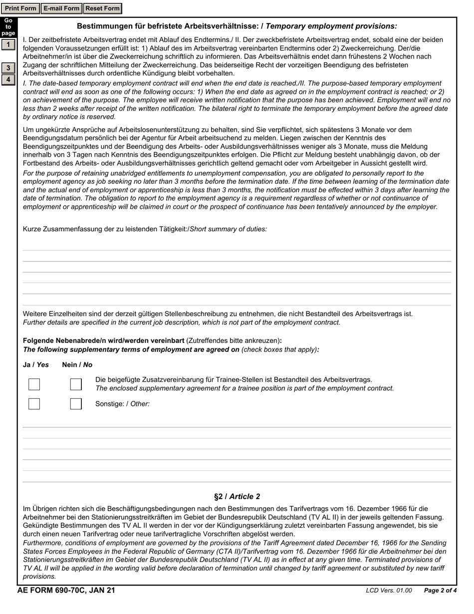 AE Form 690-70C Employment Contract - Childcare Centers (English / German), Page 2