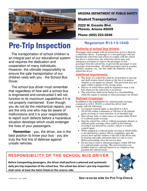 Form DPS802-03217 School Bus Driver Daily Pre-trip Checklist - Arizona
