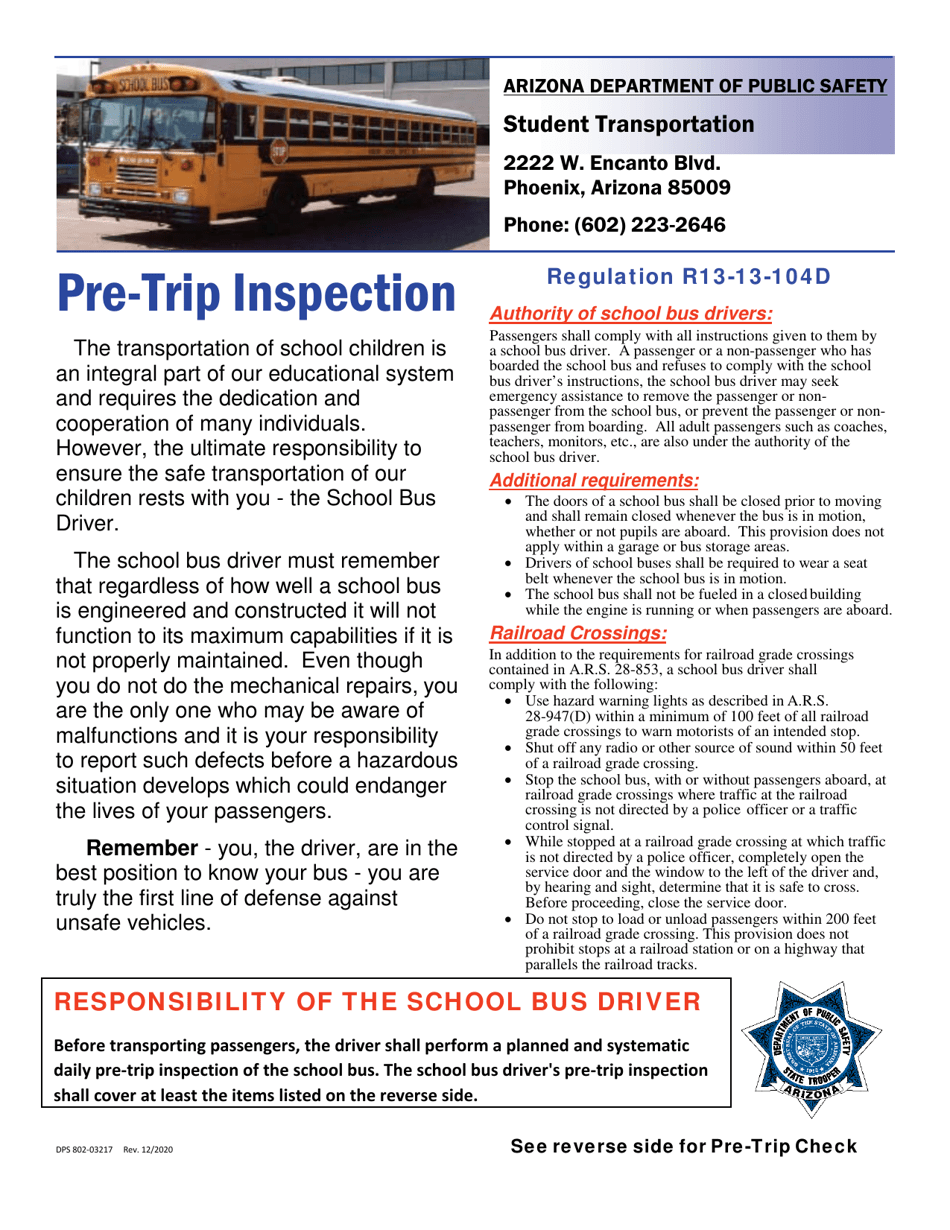 Form DPS802-03217 School Bus Driver Daily Pre-trip Checklist - Arizona, Page 1
