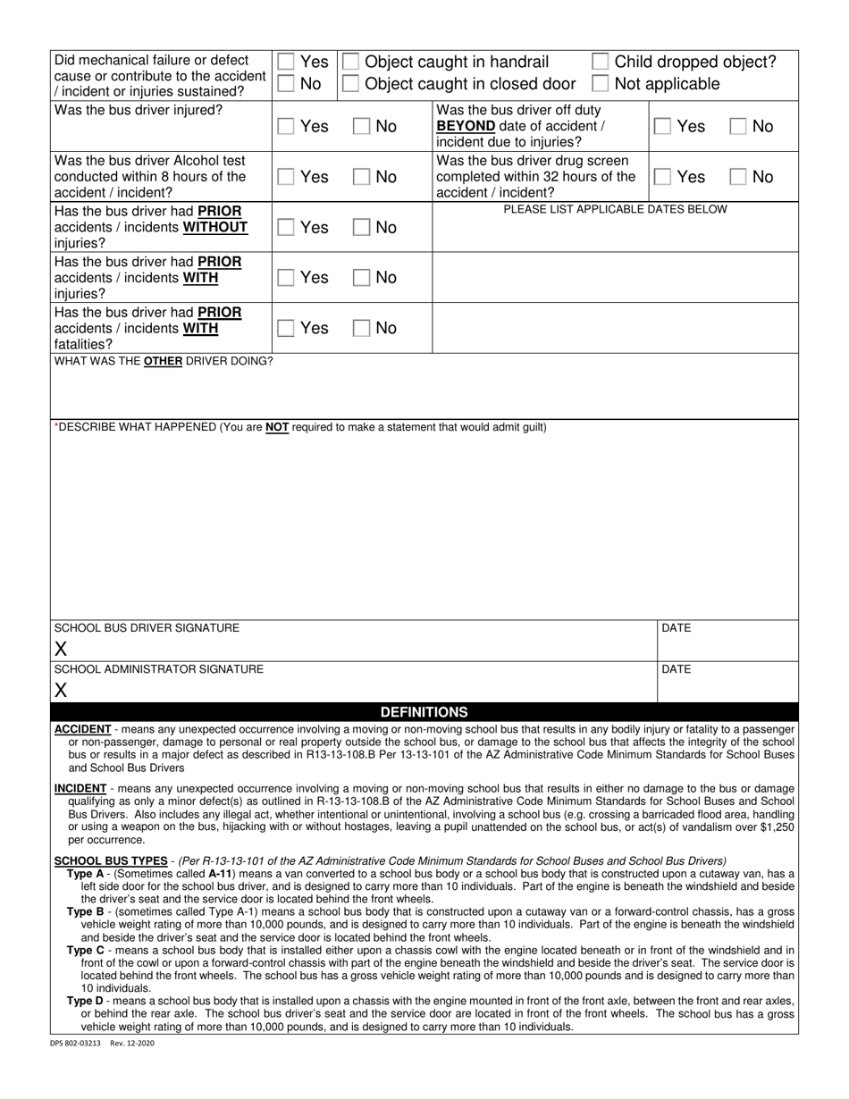 Form DPS802-03213 School Bus Accident / Incident Report - Arizona, Page 2
