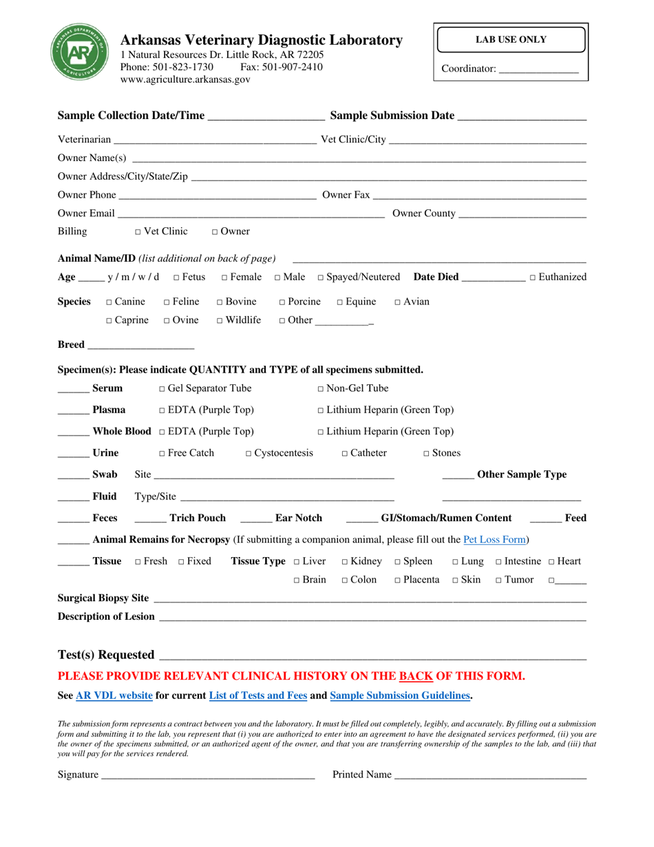 Lab Submission Form - Arkansas, Page 1