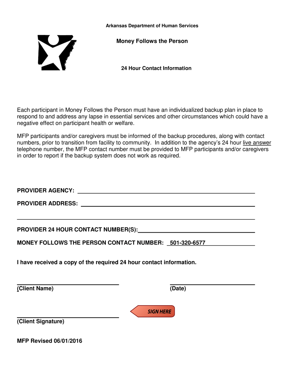 24 Hour Contact Information Form - Arkansas, Page 1