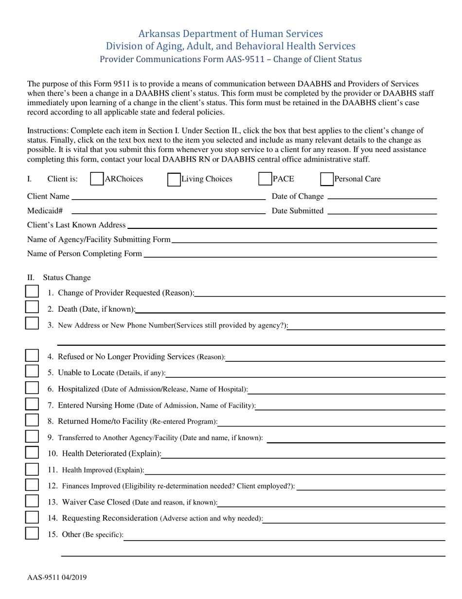 Form AAS-9511 Provider Communications Form - Change of Client Status - Arkansas, Page 1