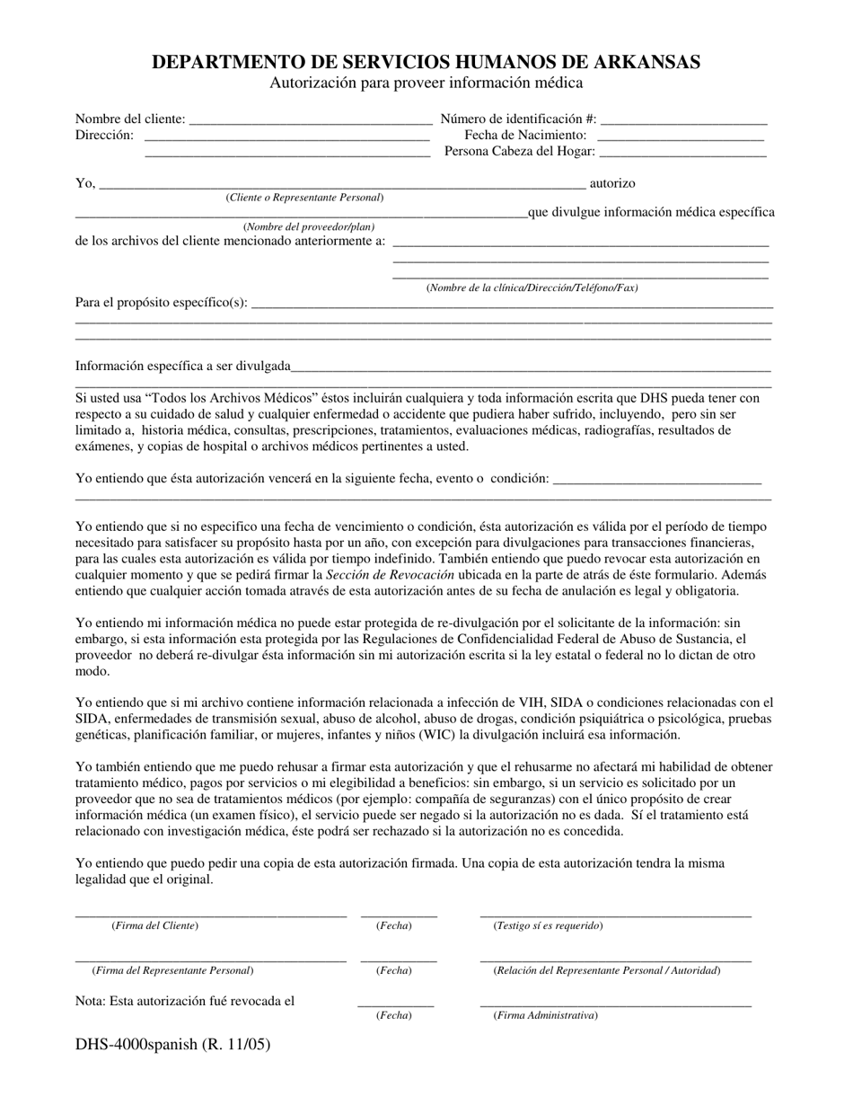 Formulario DHS-4000 Autorizacion Para Proveer Informacion Medica - Arkansas (Spanish), Page 1