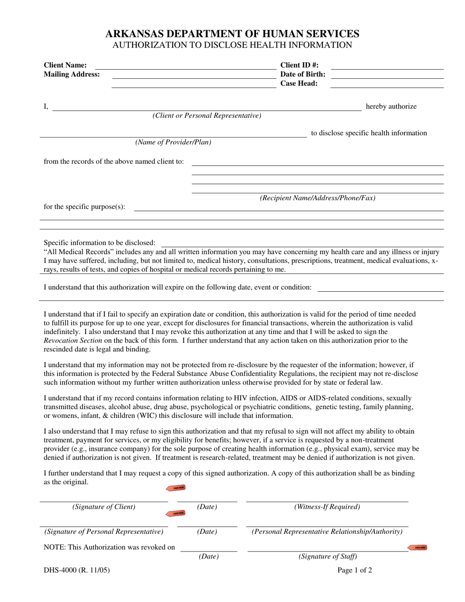 Form DHS-4000 Authorization to Disclose Health Information - Arkansas, Page 1