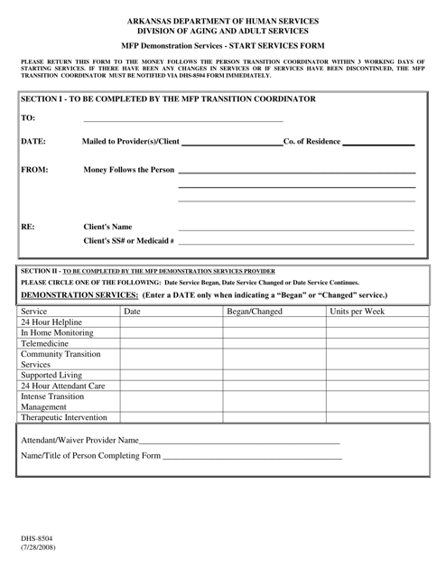 Form DHS-8504 Start Service Form - Arkansas
