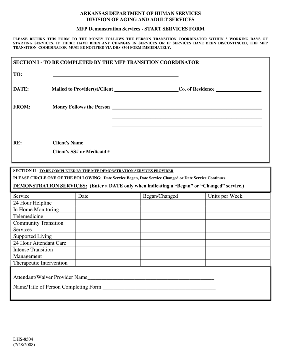 Form DHS-8504 Start Service Form - Arkansas, Page 1