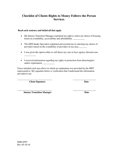 Form DHS-8507 Checklist of Clients Rights Form - Arkansas