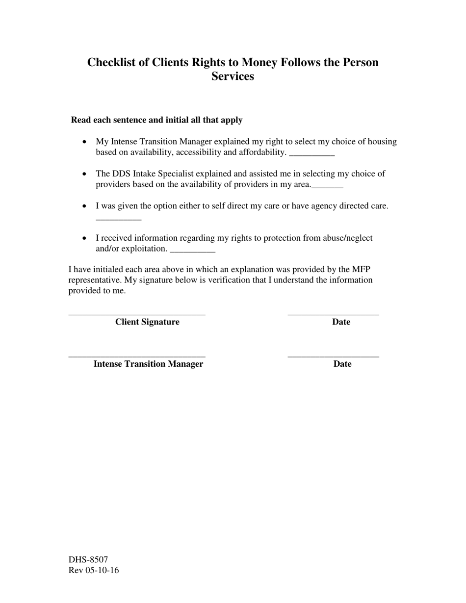 Form DHS-8507 Checklist of Clients Rights Form - Arkansas, Page 1