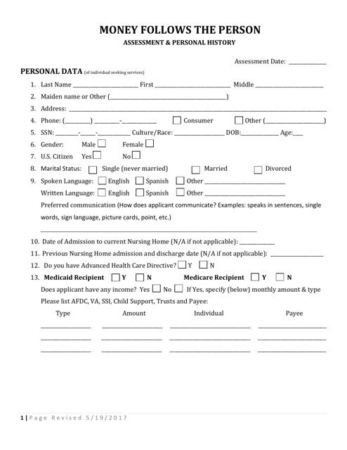 Form DHS-8506 Mfp Assessment and Personal History - Arkansas