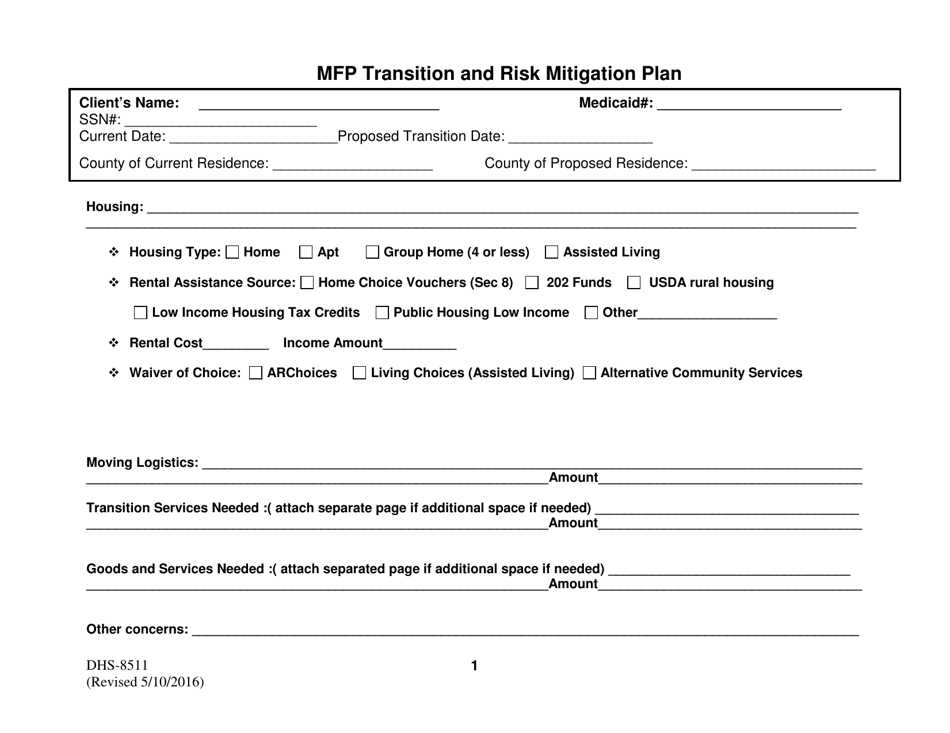 Form DHS-8511 Mfp Transition and Risk Mitigation Plan - Arkansas, Page 1