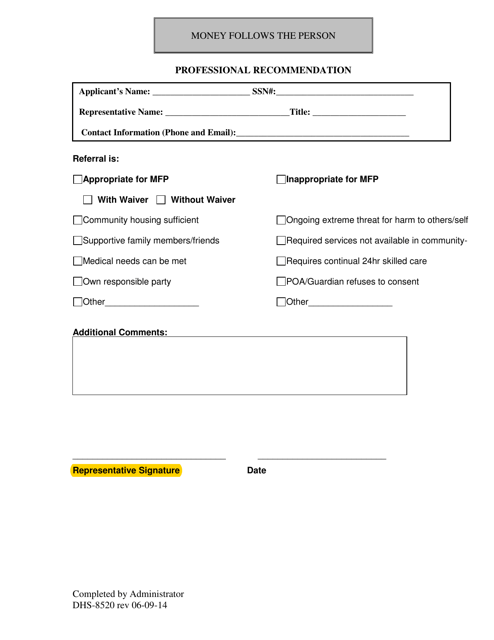 Form DHS-8520 General Professional Recommendations Form - Arkansas