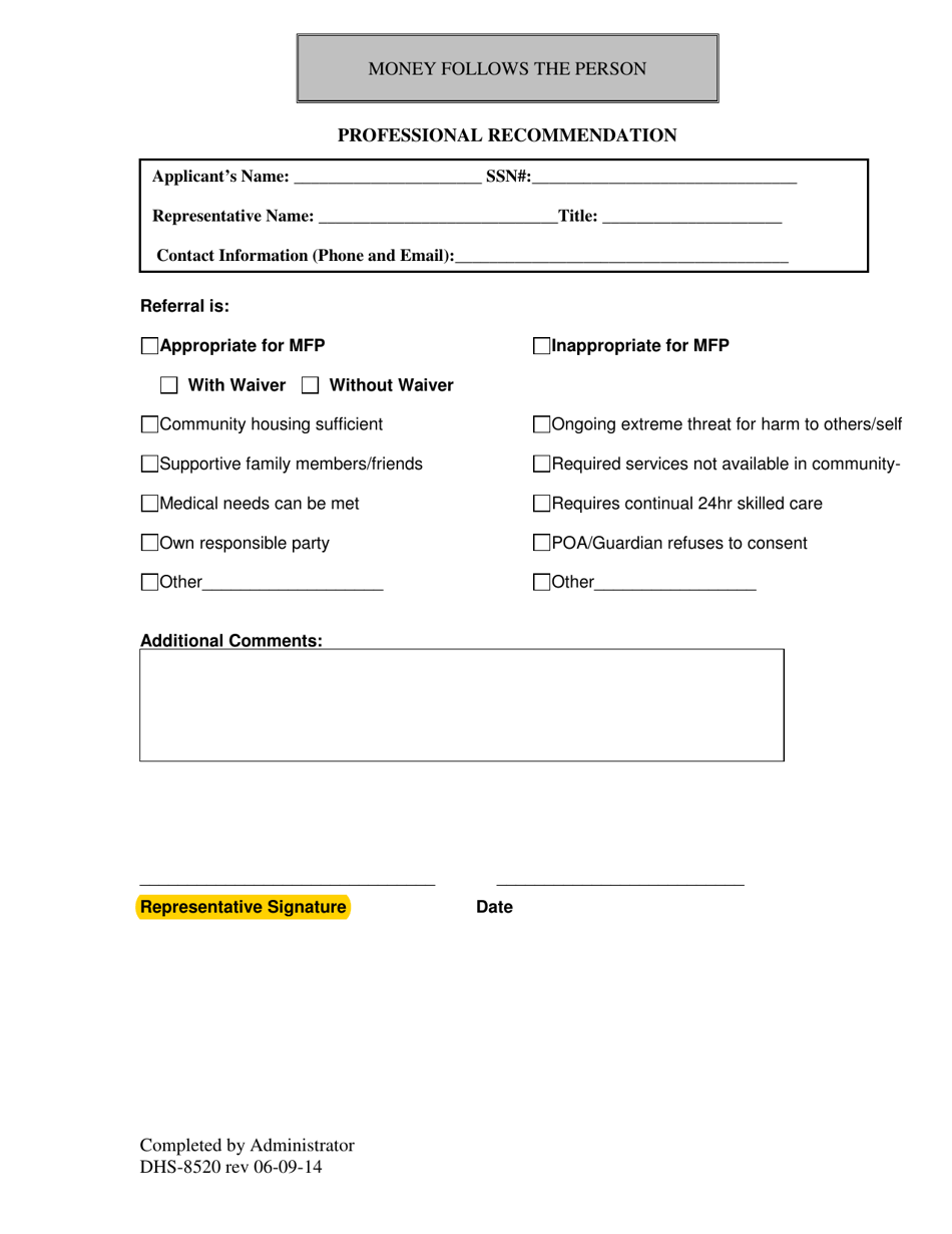 Form DHS-8520 General Professional Recommendations Form - Arkansas, Page 1