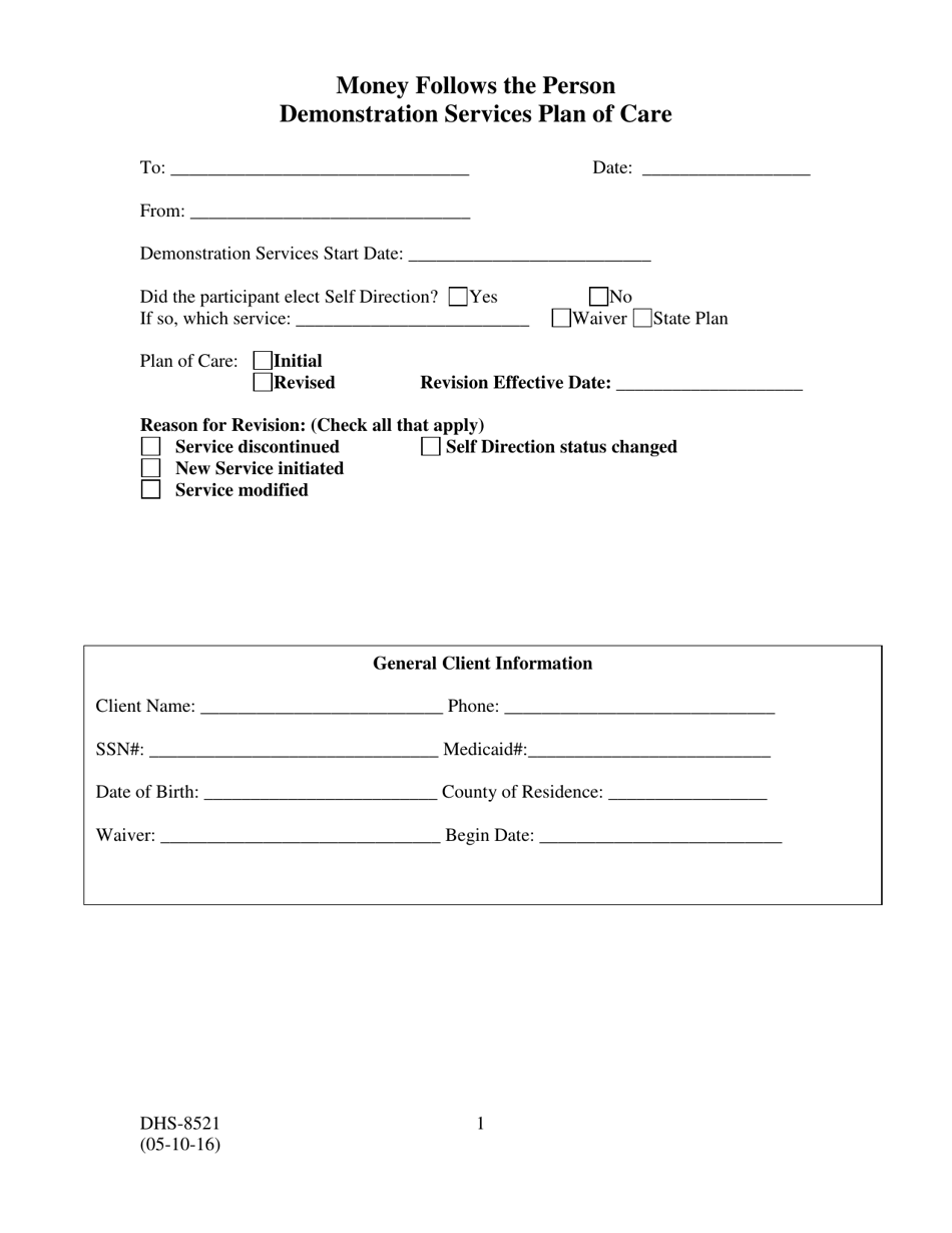 Form DHS-8521 Demonstration Services Plan of Care - Arkansas, Page 1