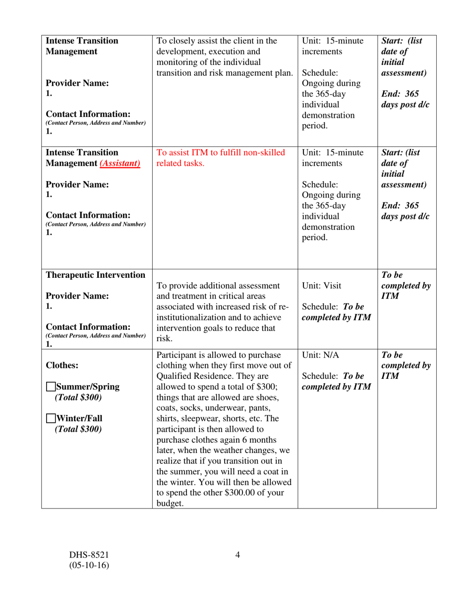 Form DHS-8521 Demonstration Services Plan of Care - Arkansas, Page 4
