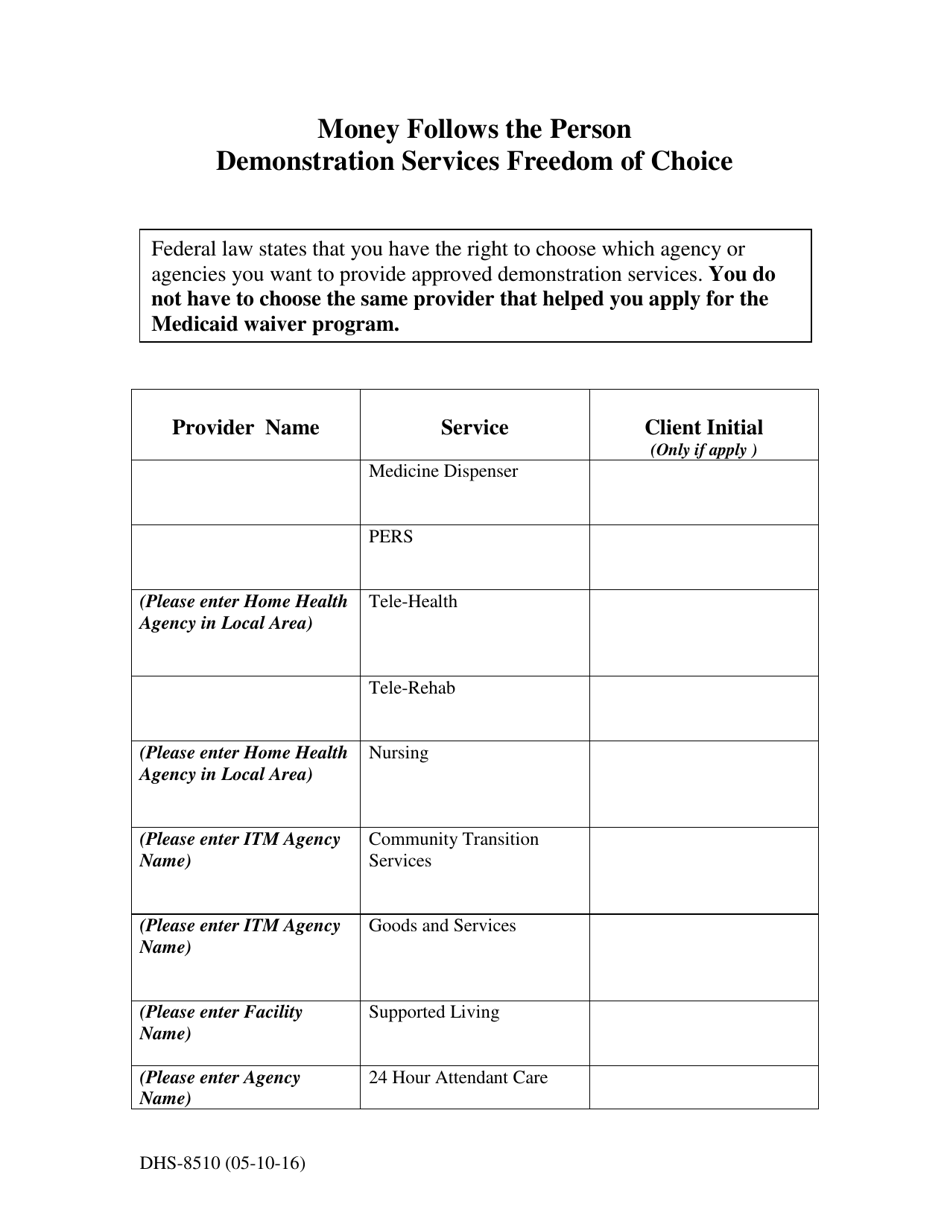 Form DHS-8510 Demonstration Services Freedom of Choice - Arkansas, Page 1