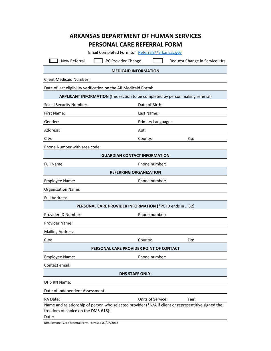 Personal Care Referral Form - Arkansas, Page 1