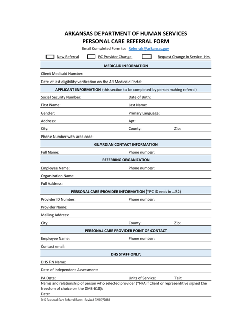 Personal Care Referral Form - Arkansas Download Pdf