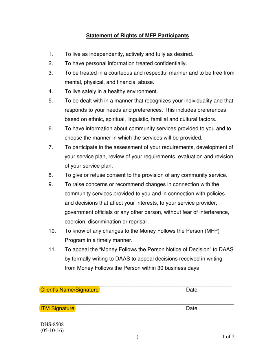 Form DHS-8508 Statement of Rights  Responsibilities of Mfp Participants - Arkansas, Page 1