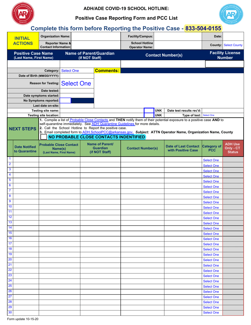 Positive Case Reporting Form and Pcc List - Arkansas, Page 1