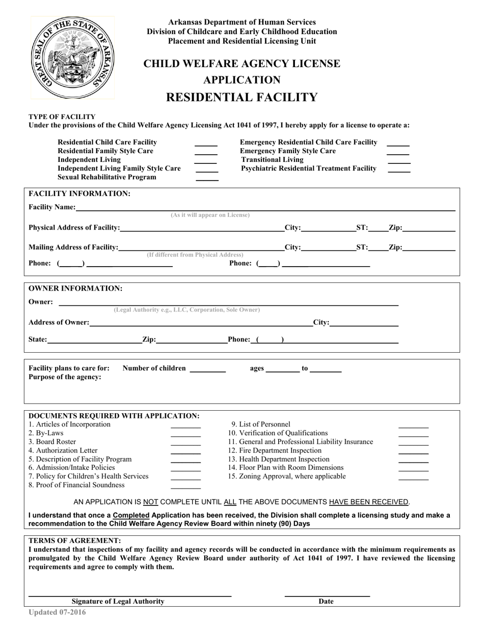 Arkansas Child Welfare Agency License Application Residential
